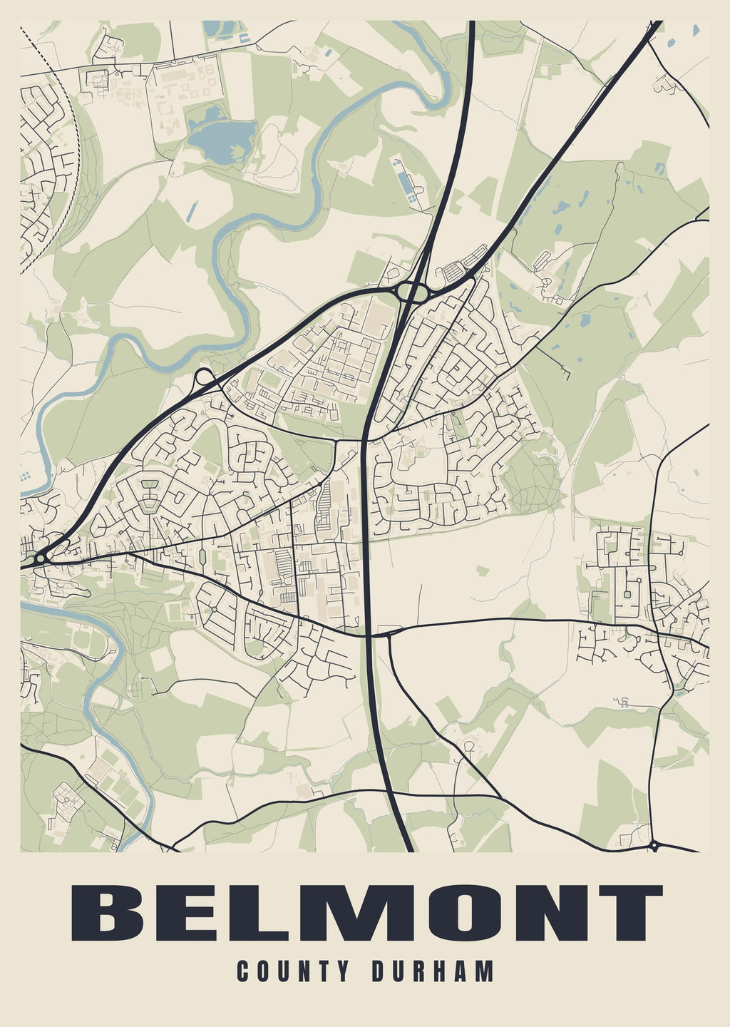 Street map poster of Belmont, County Durham