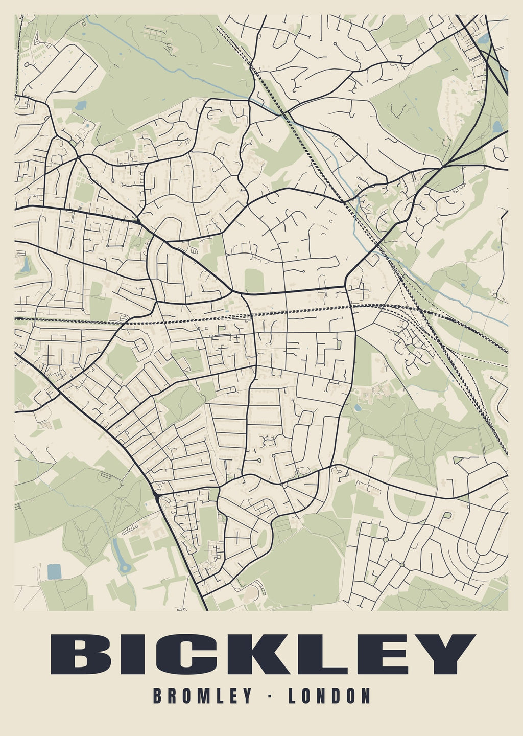 Heritage street map poster of Bickley, Bromley, London