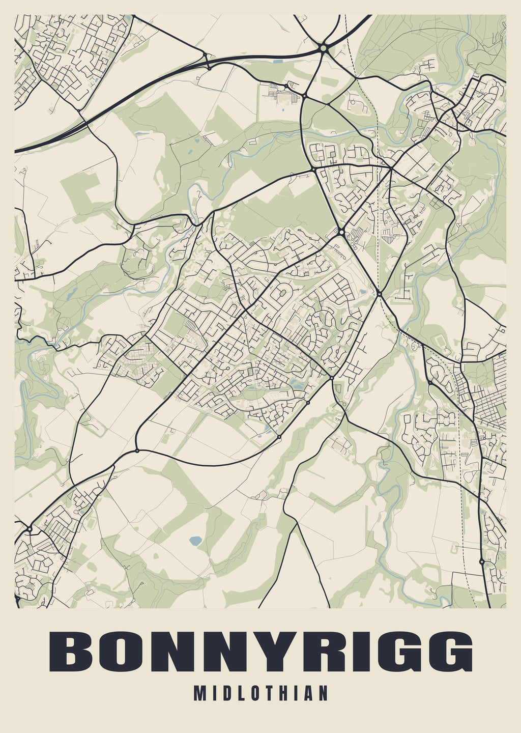 Street map poster of Bonnyrigg, Midlothian