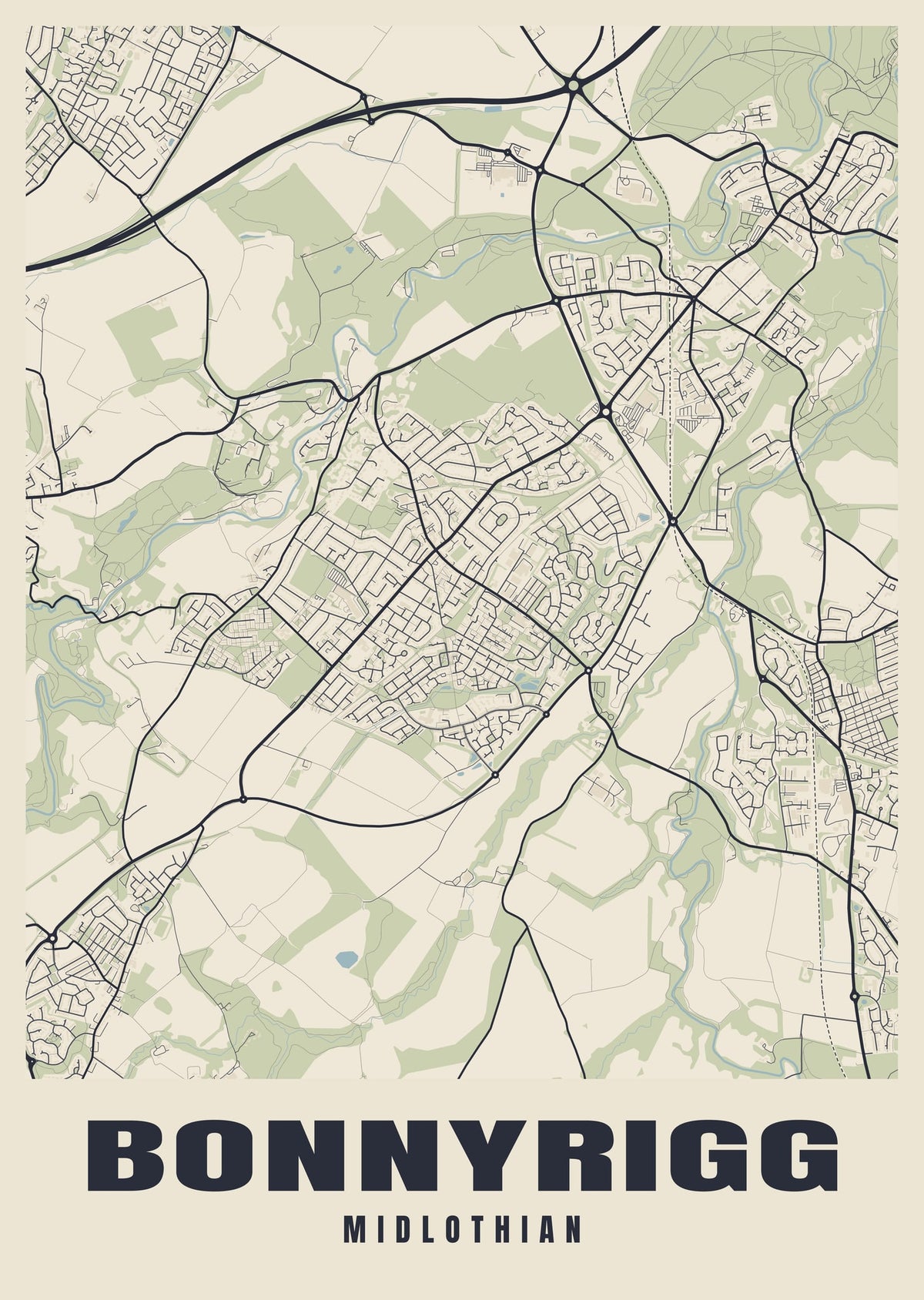 Street map poster of Bonnyrigg, Midlothian