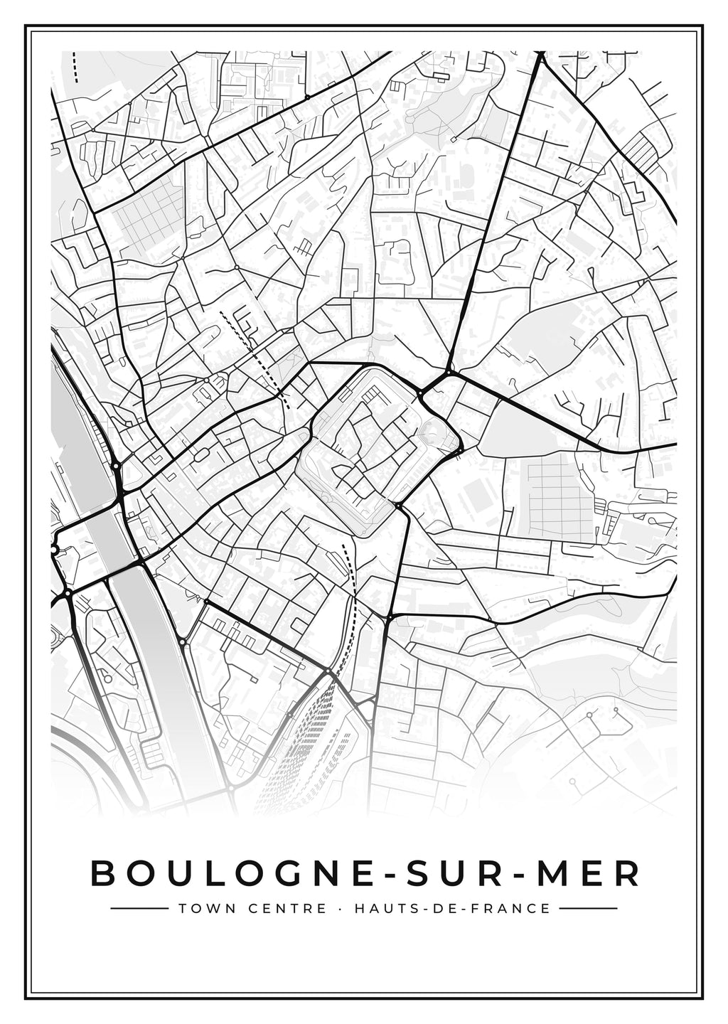 Street map poster of Boulogne-sur-Mer town centre, Hauts-de-France