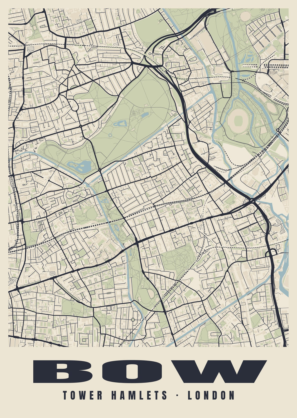 Heritage street map poster of Bow, Tower Hamlets, London