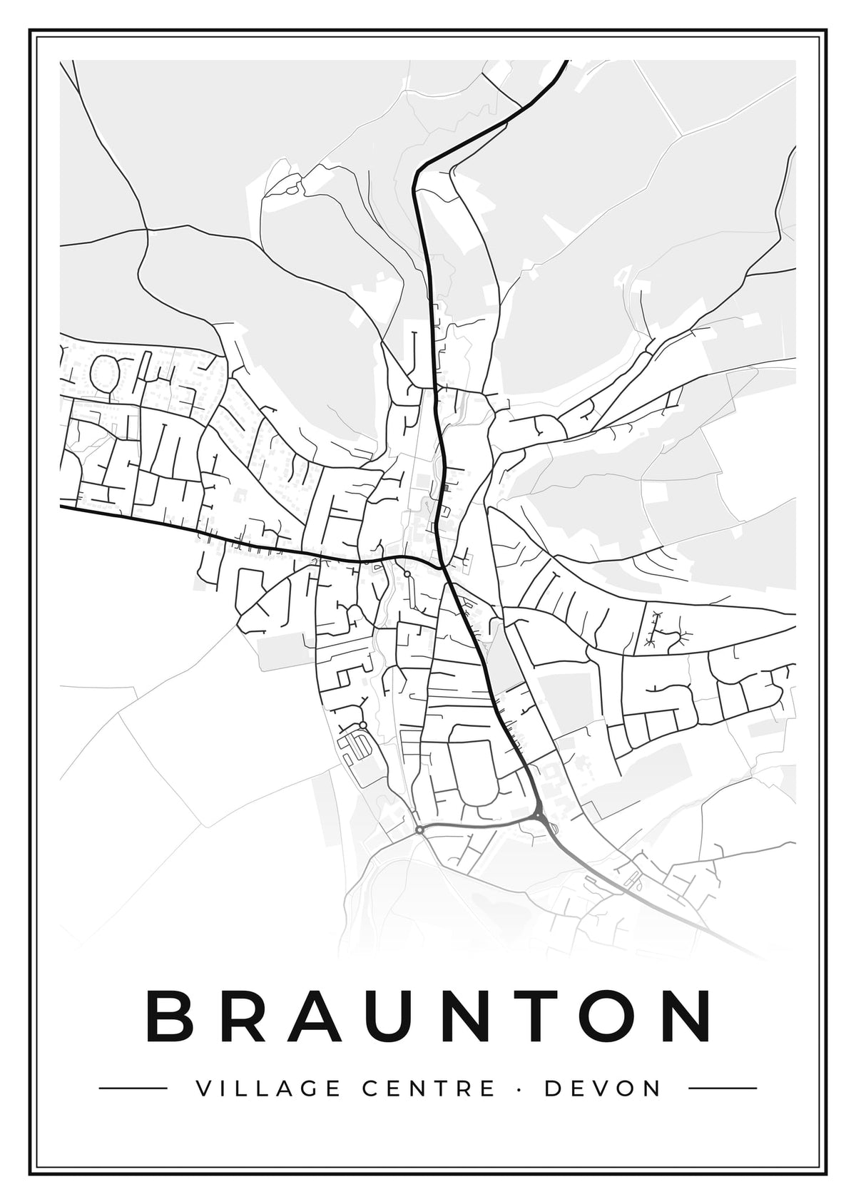 Street map poster of Braunton village centre, Devon