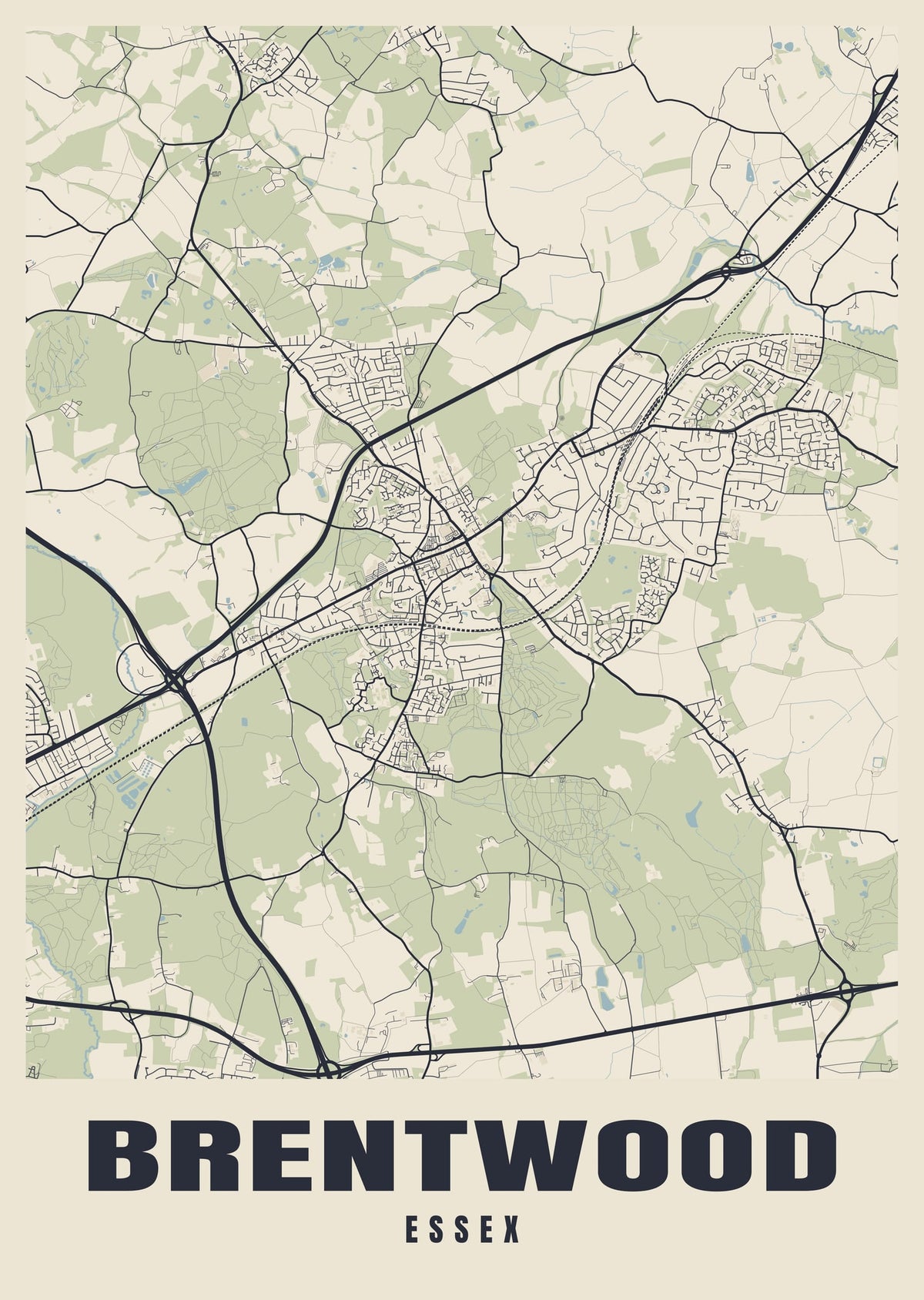 Street map poster of Brentwood, Essex