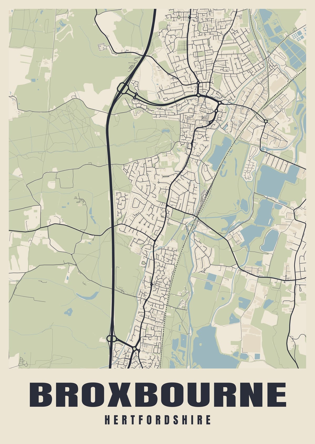 Street map poster of Broxbourne, Hertfordshire