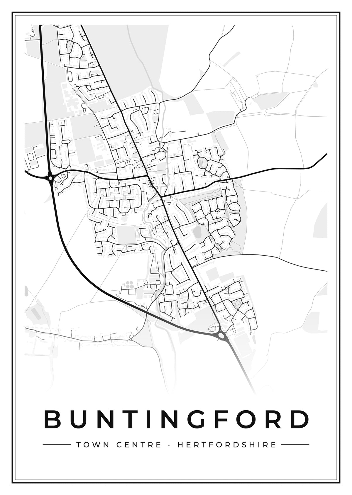 Street map poster of Buntingford town centre, Hertfordshire