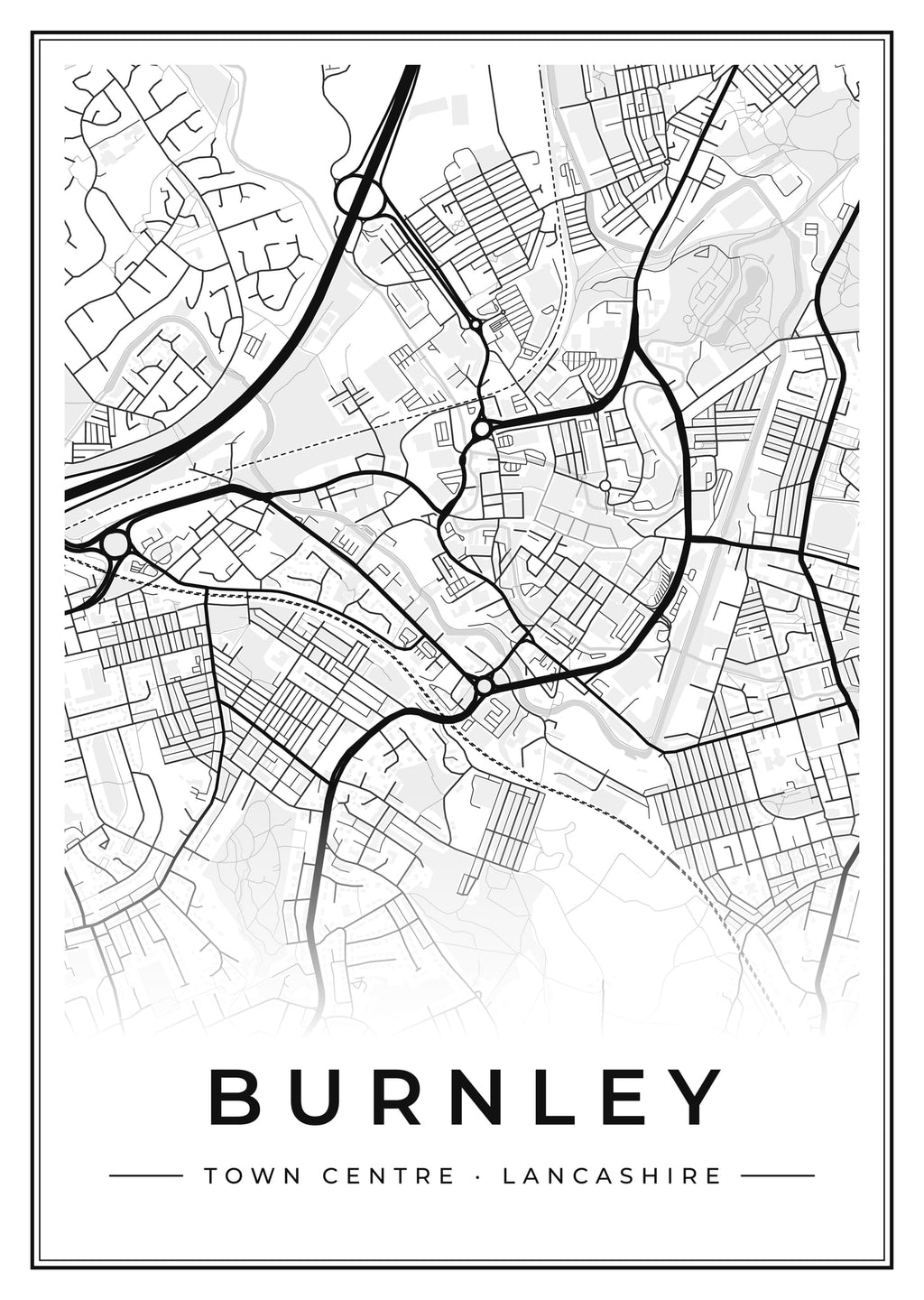 Street map poster of Burnley town centre, Lancashire
