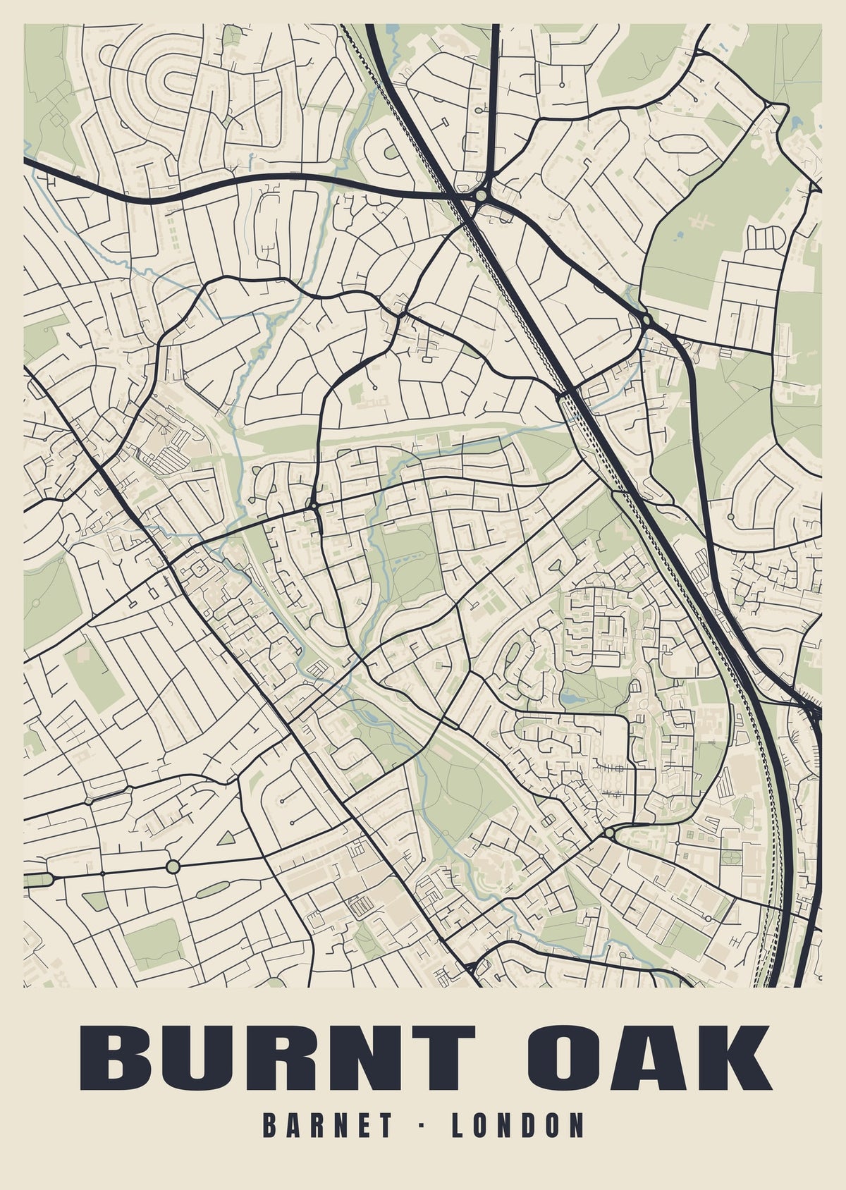 Heritage street map poster of Burnt Oak, Barnet, London
