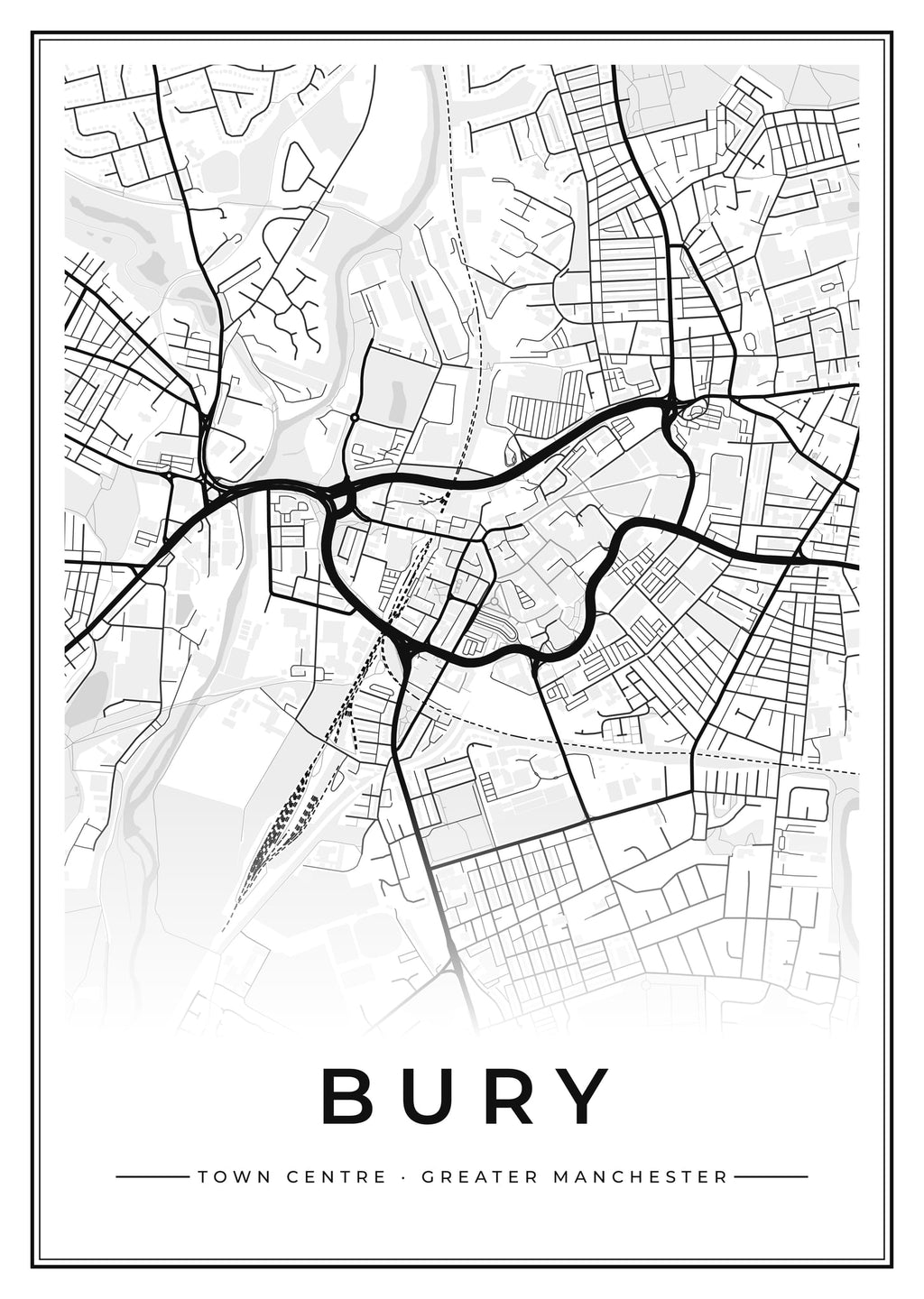Street map poster of Bury town centre, Greater Manchester