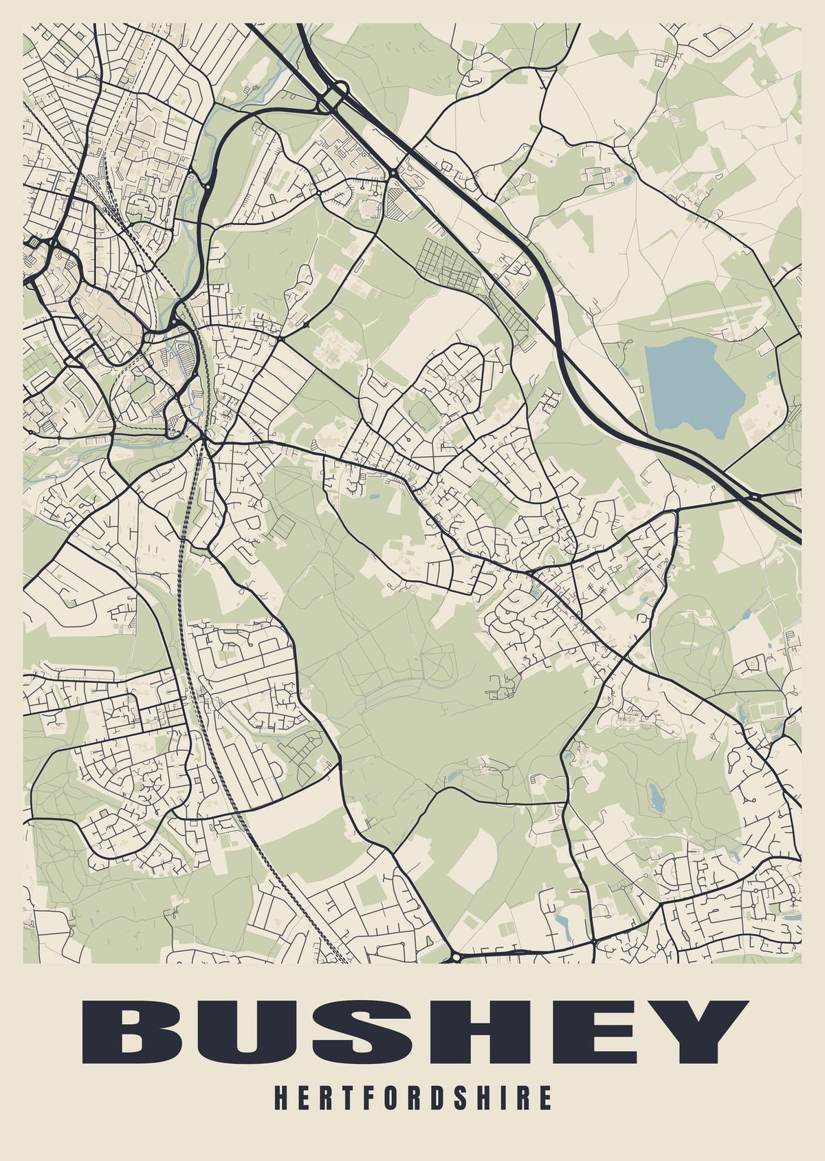 Street map poster of Bushey, Hertfordshire