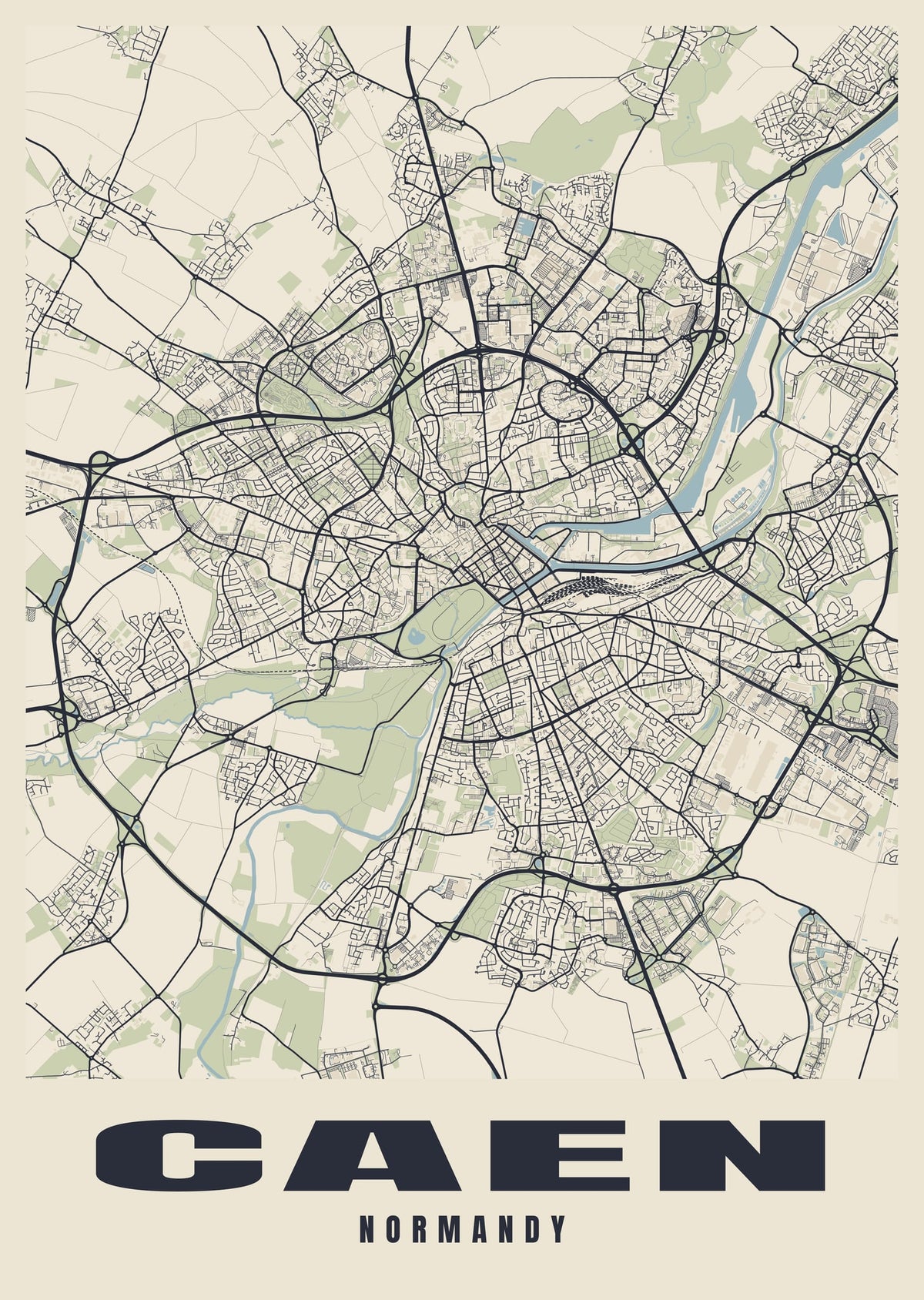 Street map poster of Caen, Normandy