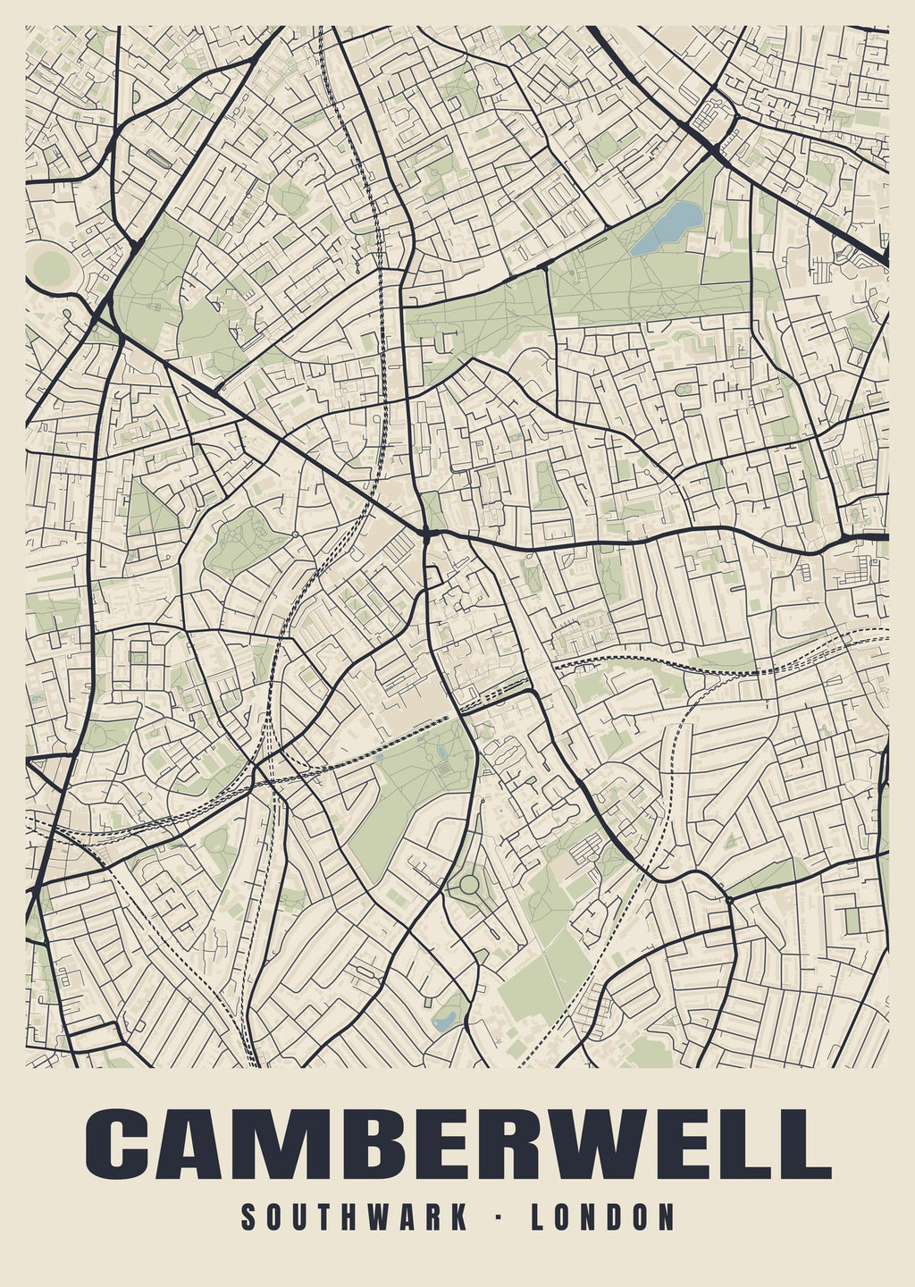 Heritage street map poster of Camberwell, Southwark, London