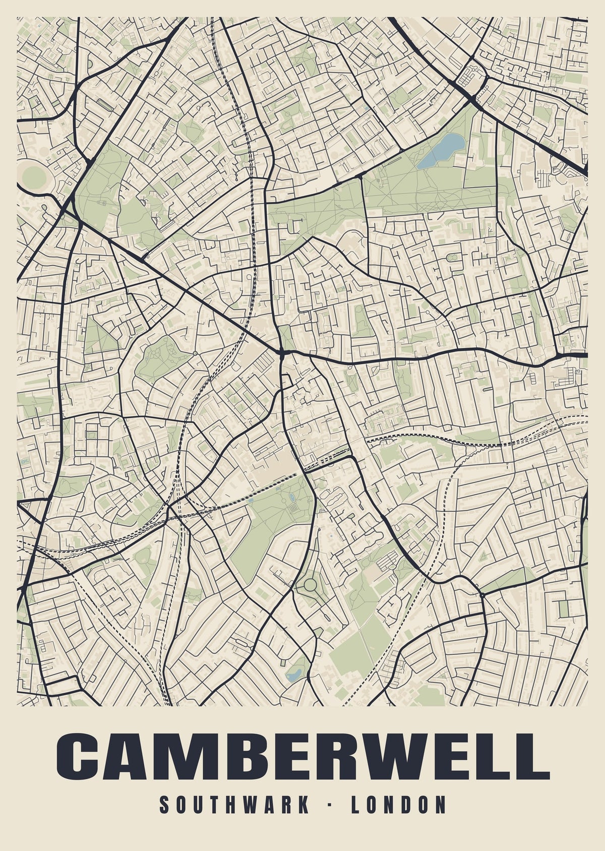 Heritage street map poster of Camberwell, Southwark, London