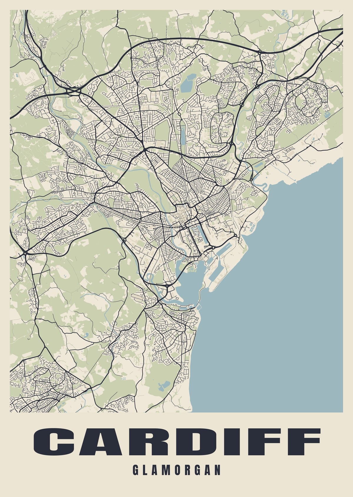 Street map poster of Cardiff, Glamorgan
