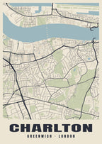 Heritage street map poster of Charlton, Greenwich, London