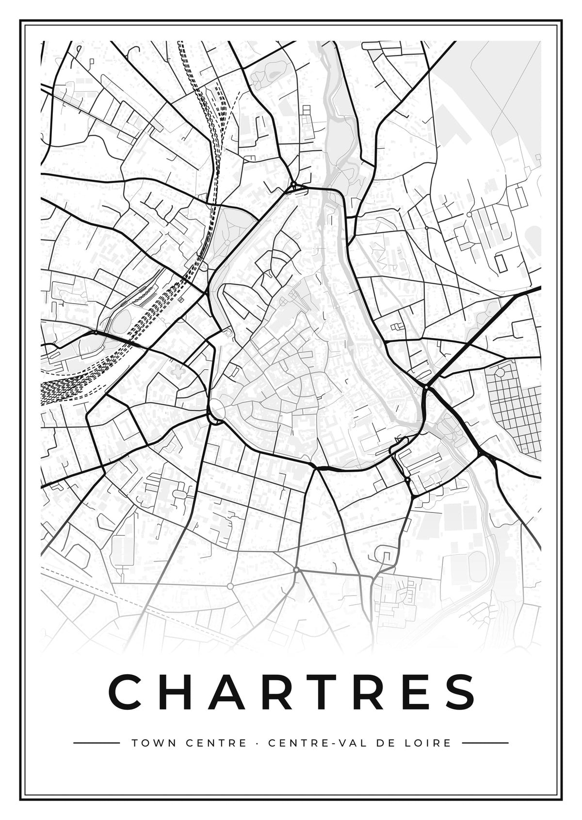 Street map poster of Chartres town centre, Centre-Val de Loire