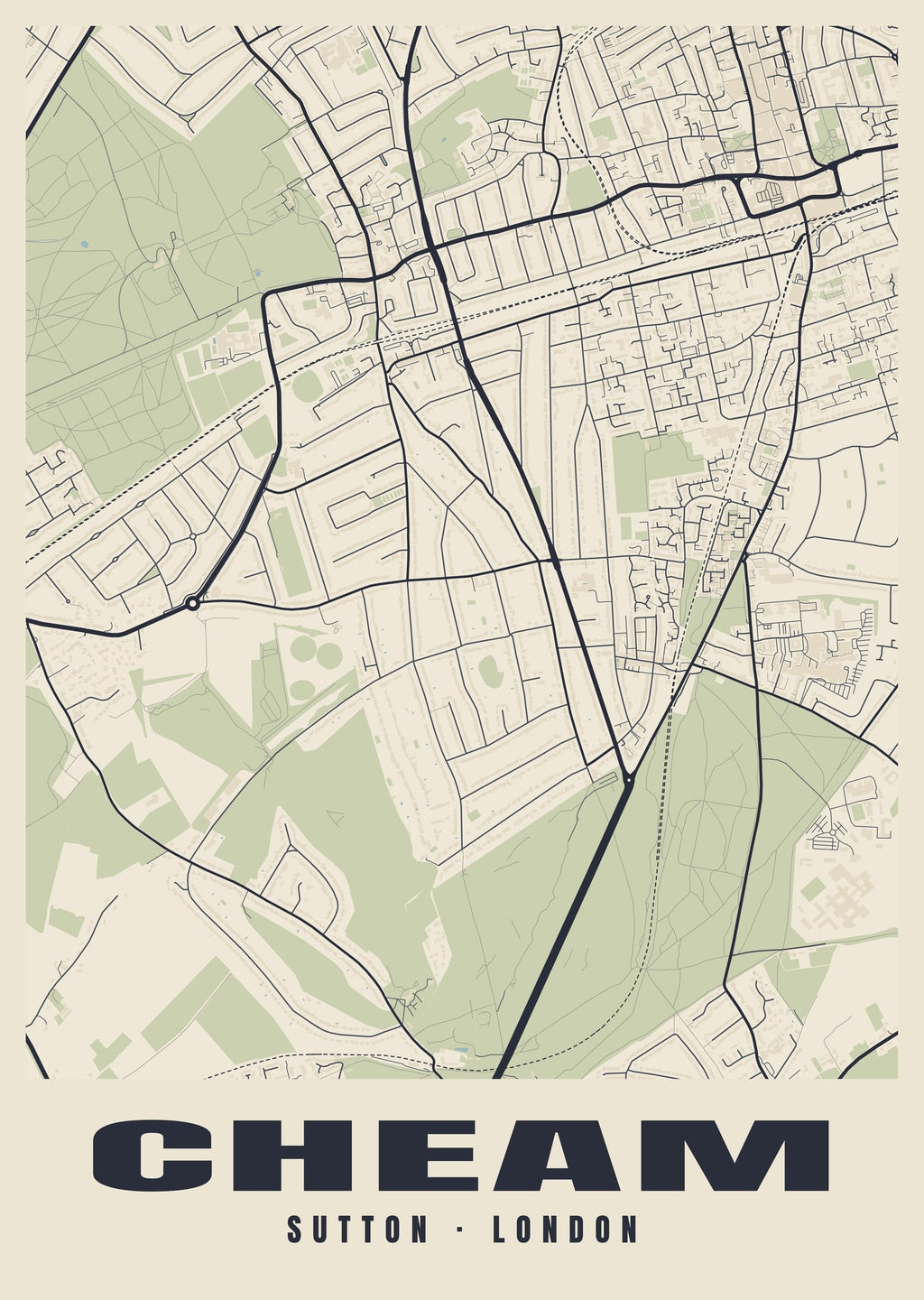 Heritage street map poster of Cheam, Sutton, London