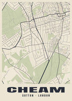 Heritage street map poster of Cheam, Sutton, London