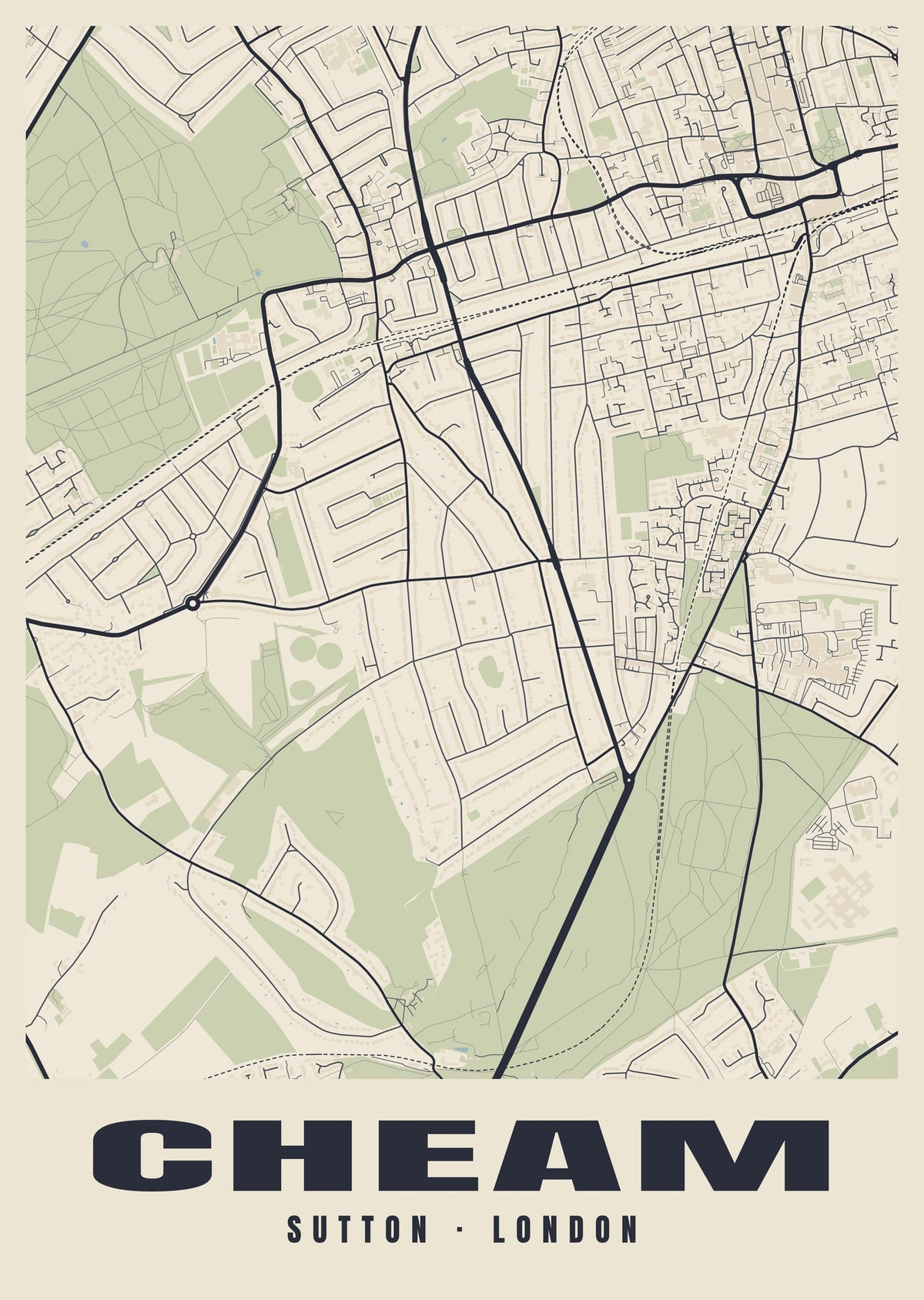 Heritage street map poster of Cheam, Sutton, London