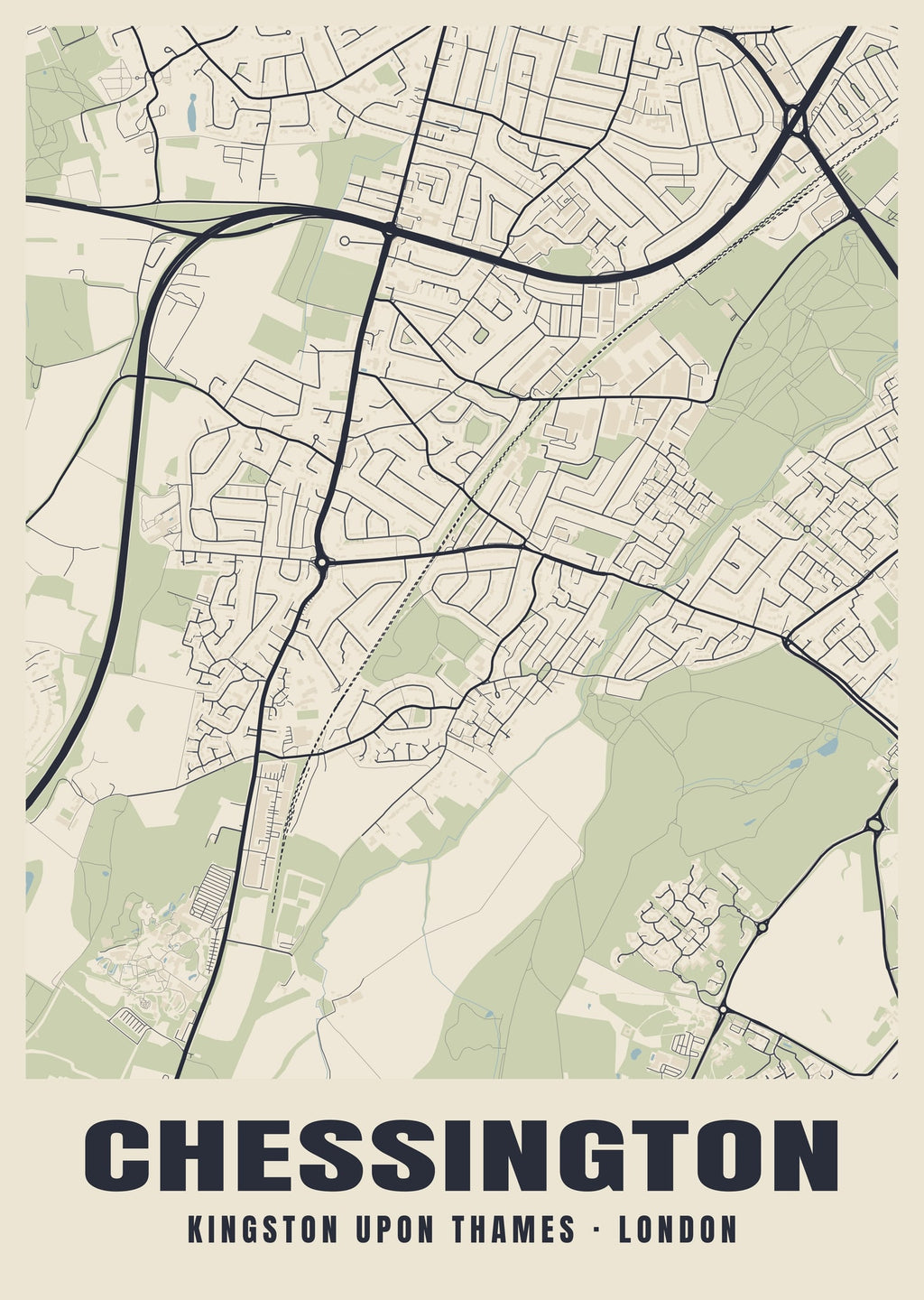Heritage street map poster of Chessington, Kingston upon Thames, London