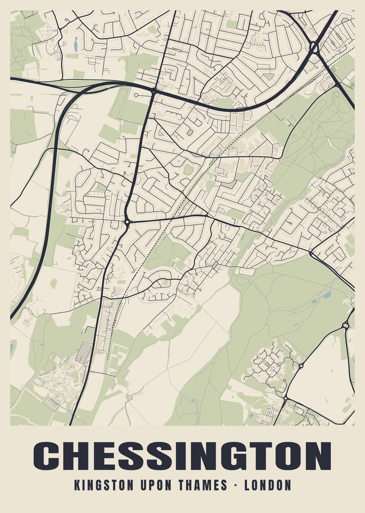 Heritage street map poster of Chessington, Kingston upon Thames, London