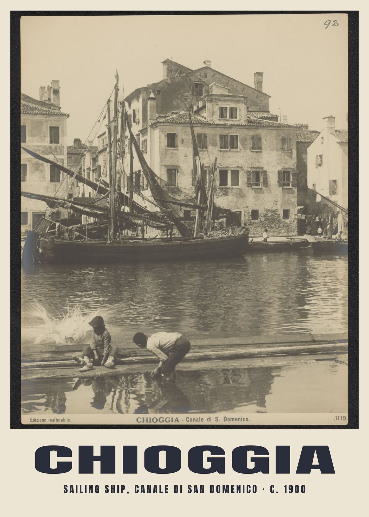Sailing ship, Canale di San Domenico, Chioggia, c. 1900 heritage photograph