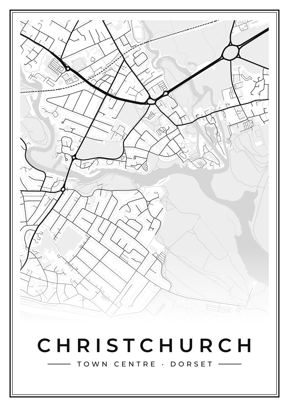 Street map poster of Christchurch town centre, Dorset