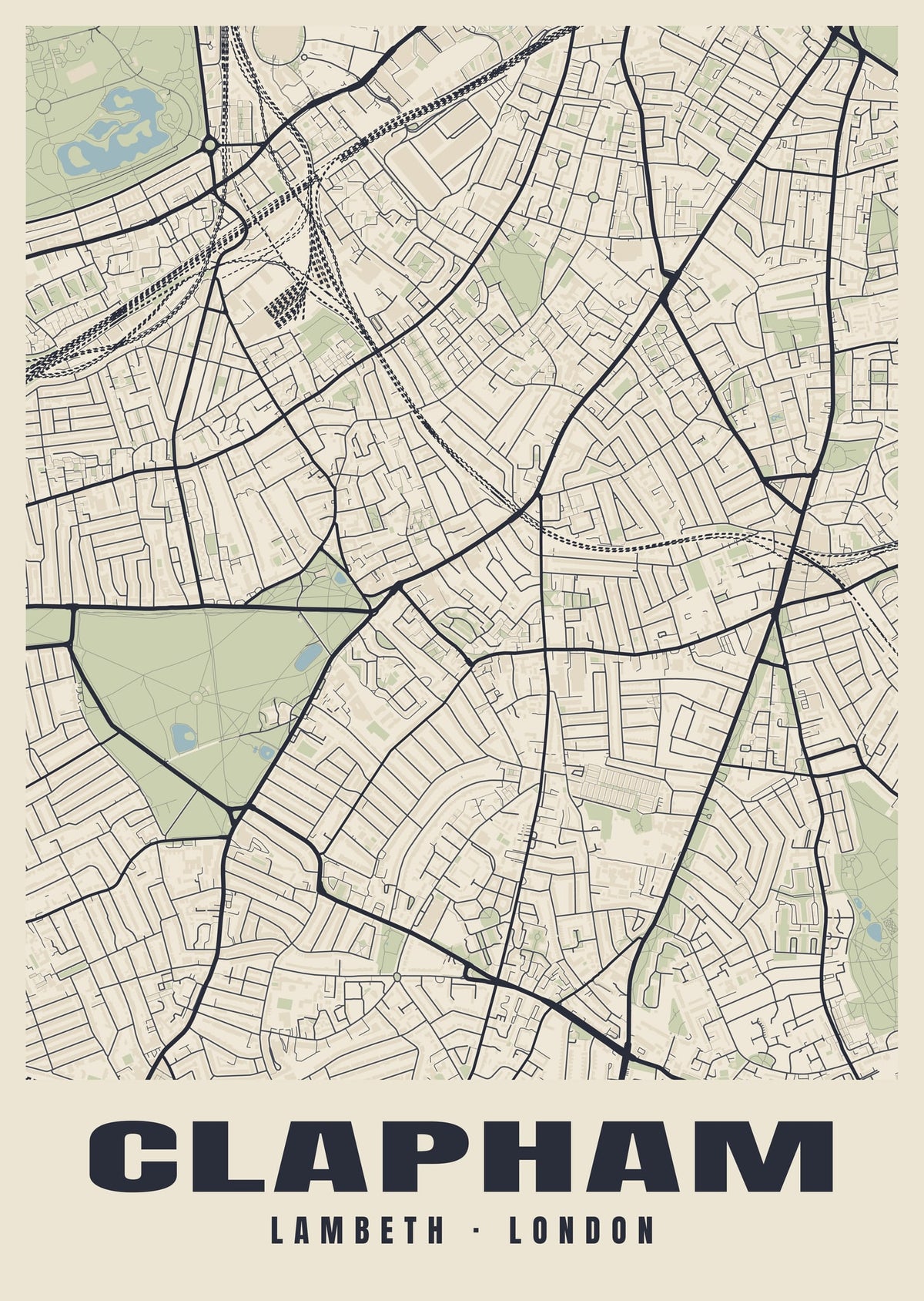 Heritage street map poster of Clapham, Lambeth, London
