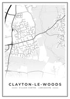 Street map poster of Clayton-le-Woods village centre, Lancashire