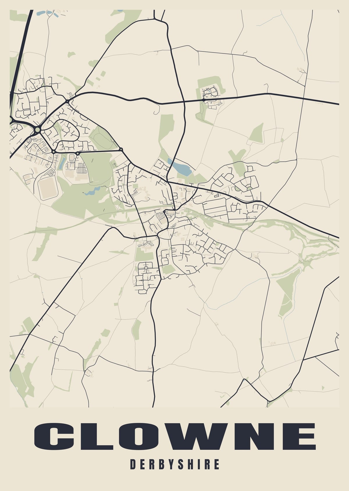 Street map poster of Clowne, Derbyshire