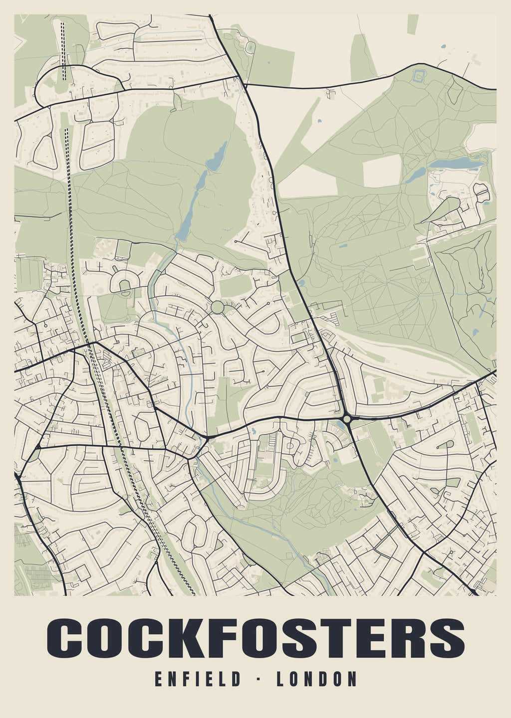 Heritage street map poster of Cockfosters, Enfield, London