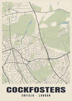 Heritage street map poster of Cockfosters, Enfield, London
