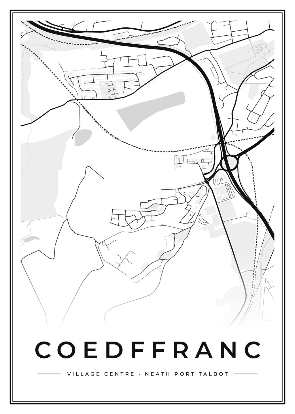 Street map poster of Coedffranc village centre, Neath Port Talbot