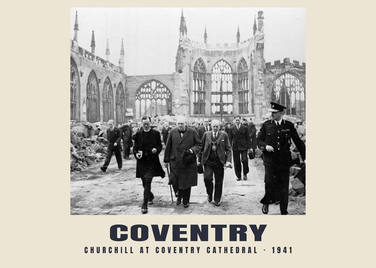 Churchill at Coventry Cathedral, Coventry — Historic photograph print, 1941