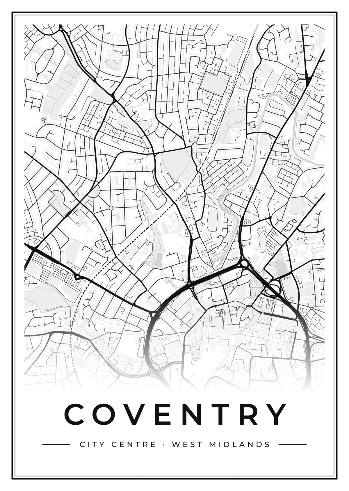 Street map poster of Coventry city centre, West Midlands
