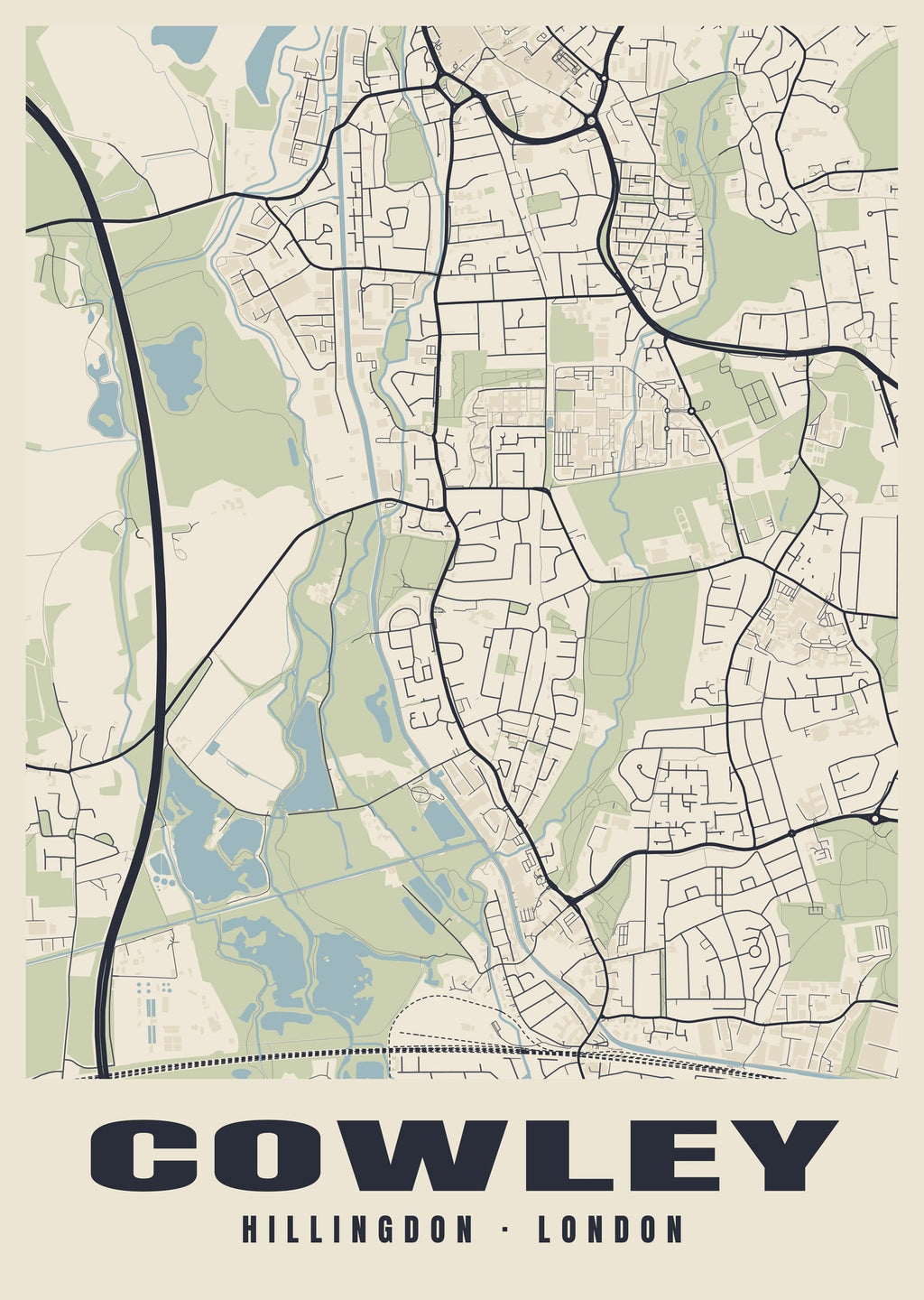 Heritage street map poster of Cowley, Hillingdon, London