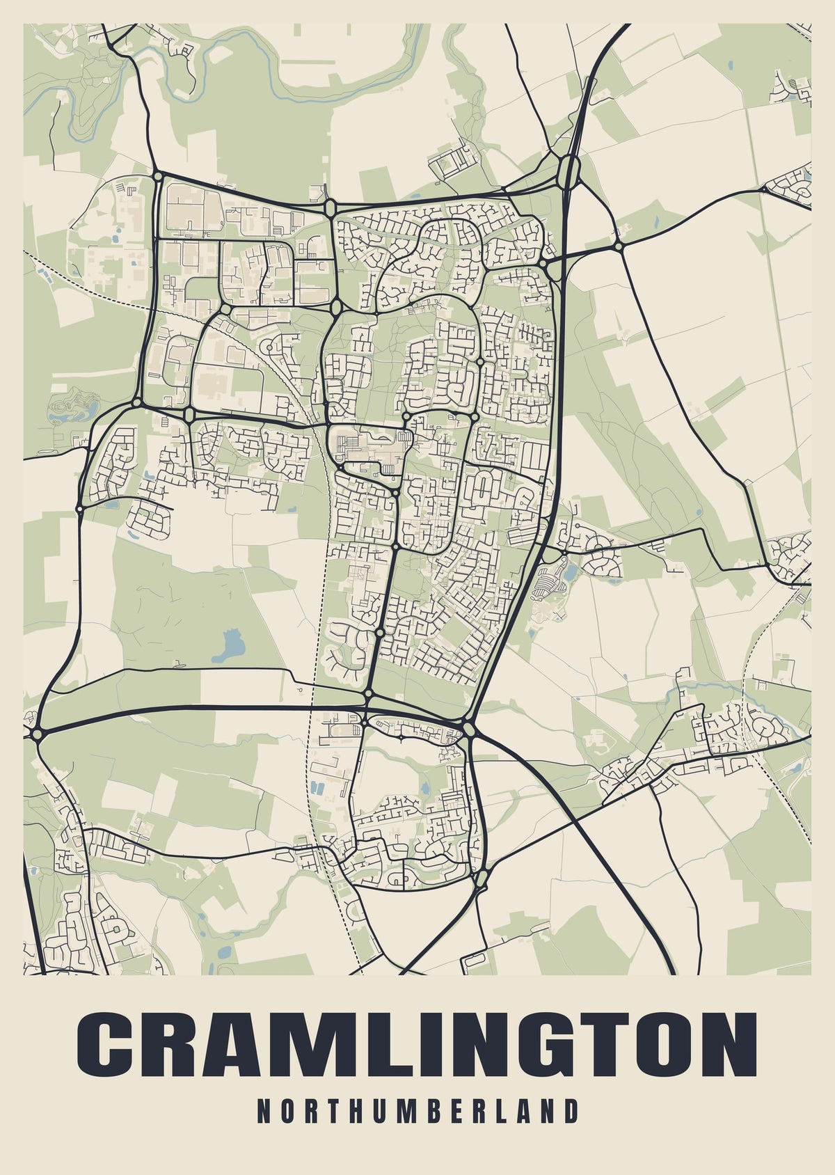 Street map poster of Cramlington, Northumberland