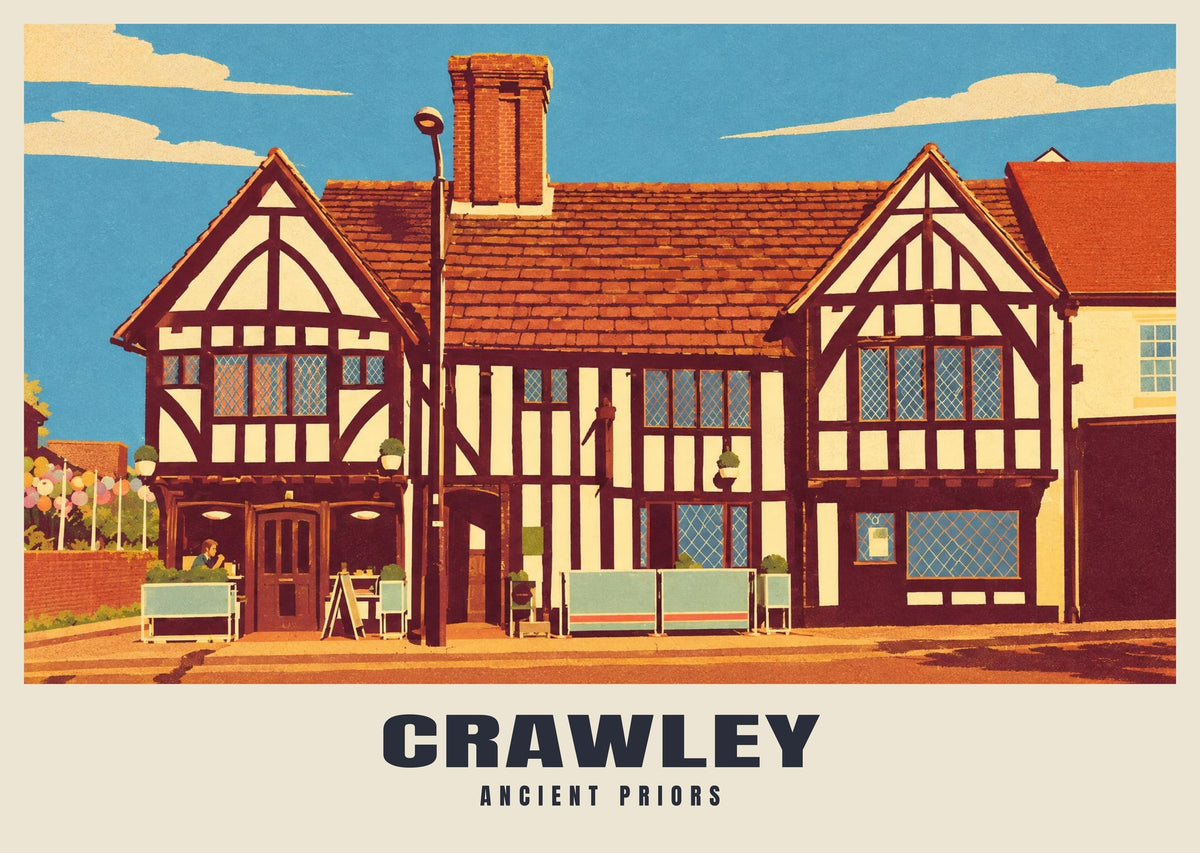 Ancient Priors, Crawley poster, Retro Railway style
