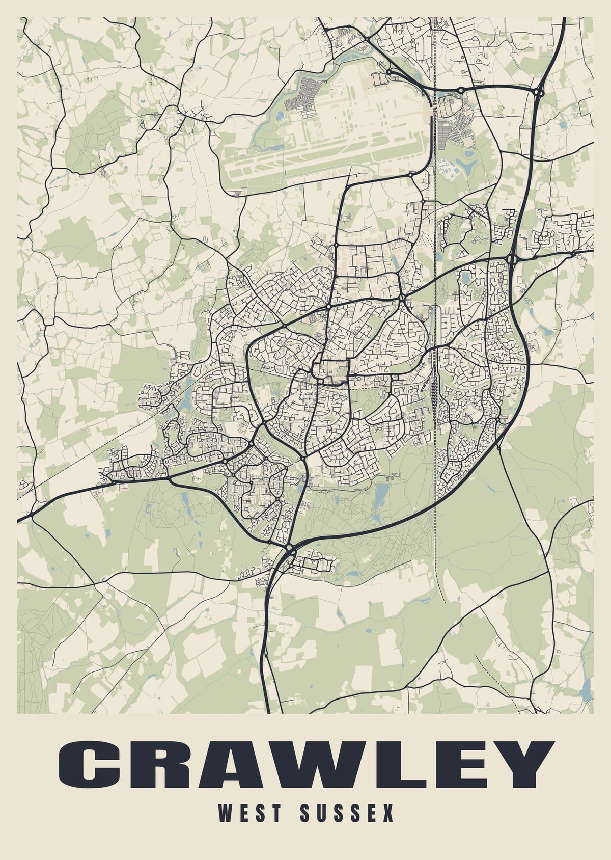 Street map poster of Crawley, West Sussex