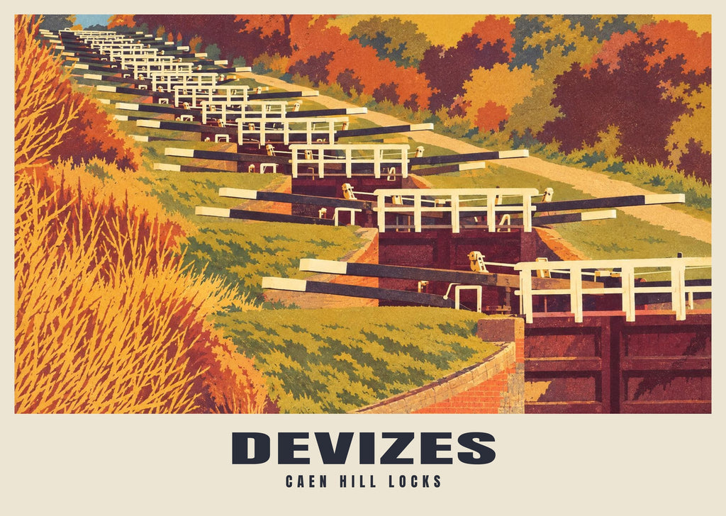 Caen Hill Locks, Devizes poster, Retro Railway style