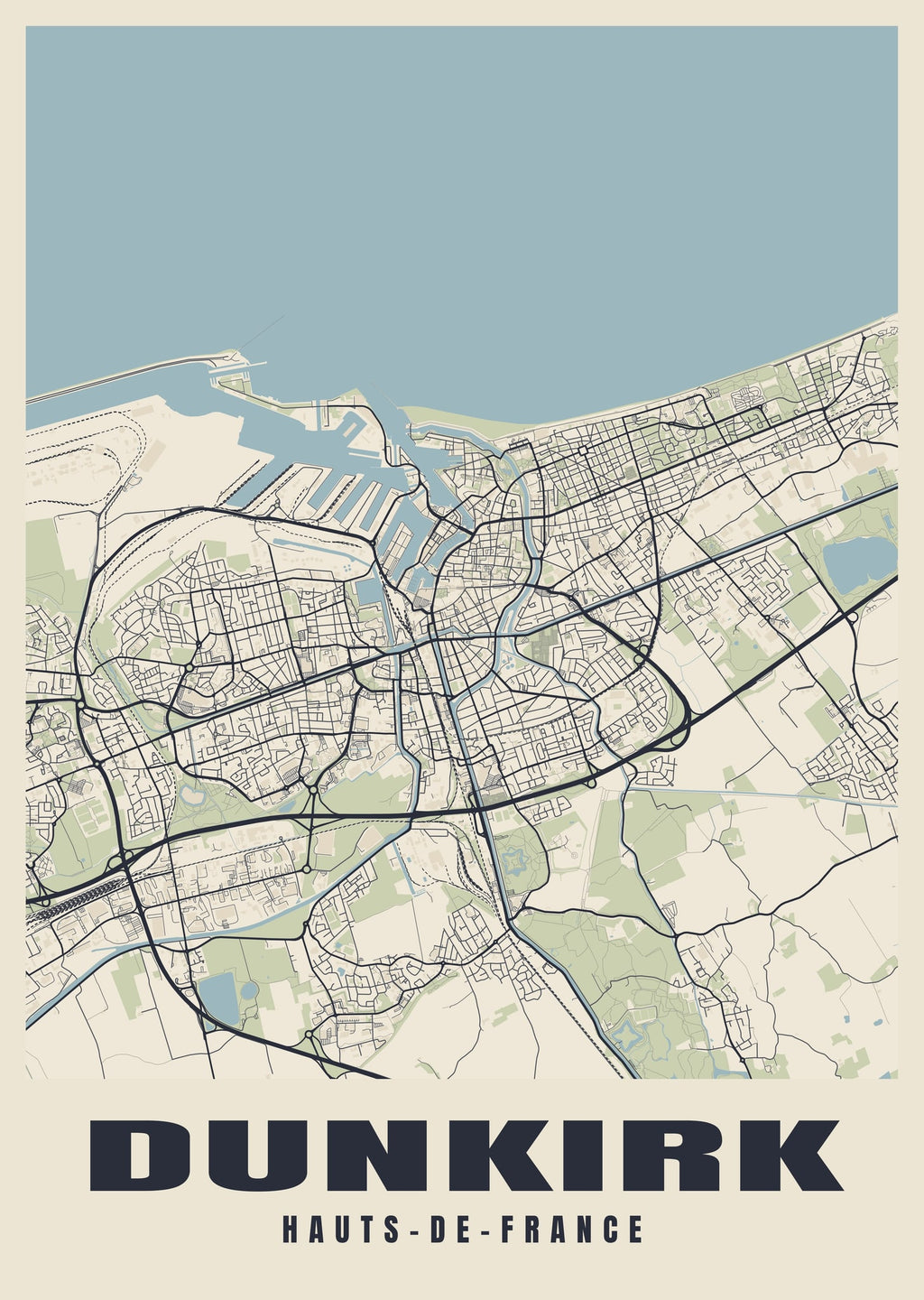 Street map poster of Dunkirk, Hauts-de-France