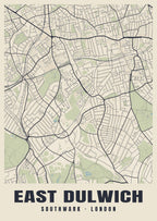 Heritage street map poster of East Dulwich, Southwark, London