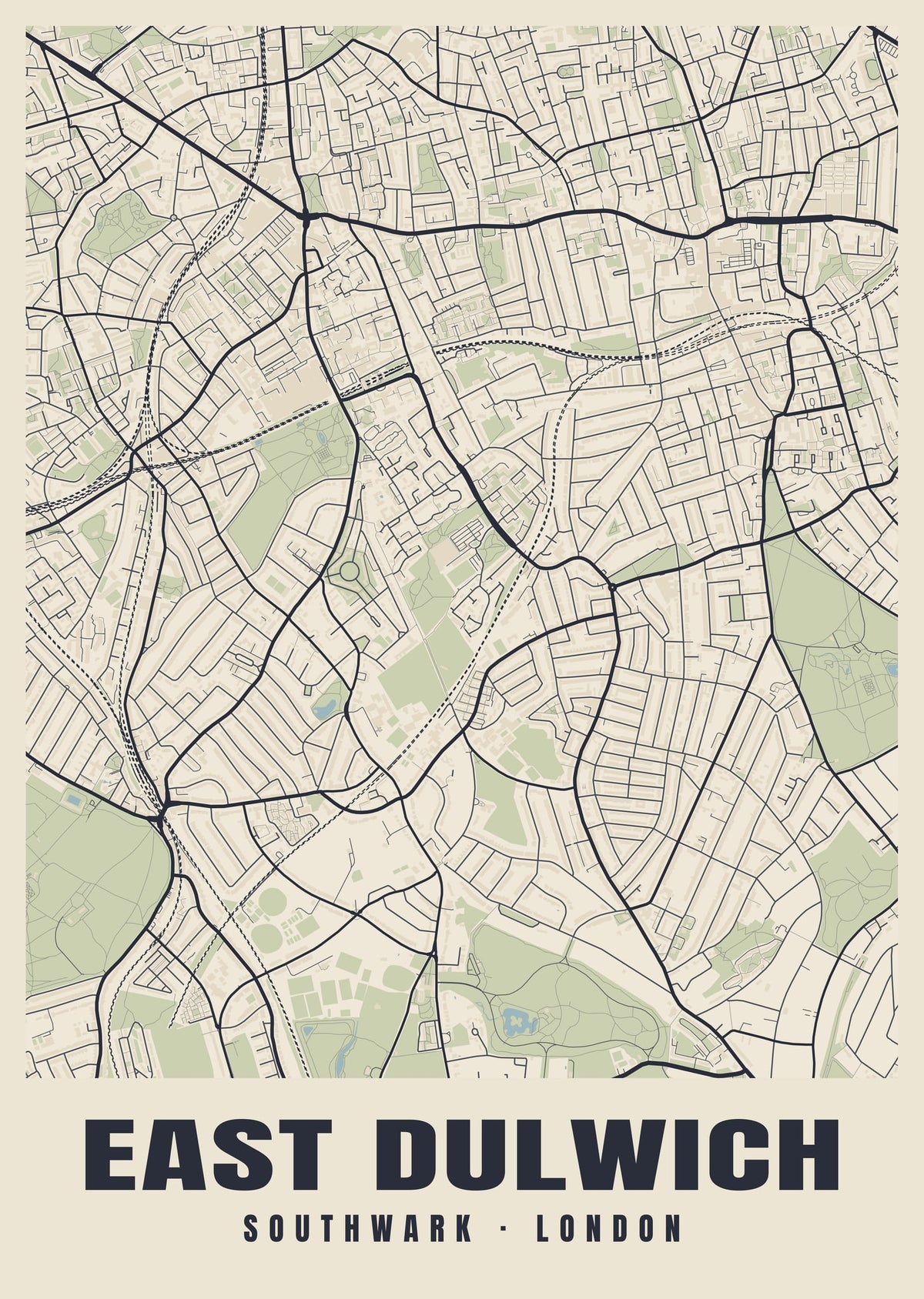 Heritage street map poster of East Dulwich, Southwark, London
