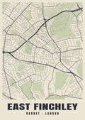 Heritage street map poster of East Finchley, Barnet, London