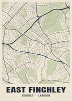 Heritage street map poster of East Finchley, Barnet, London