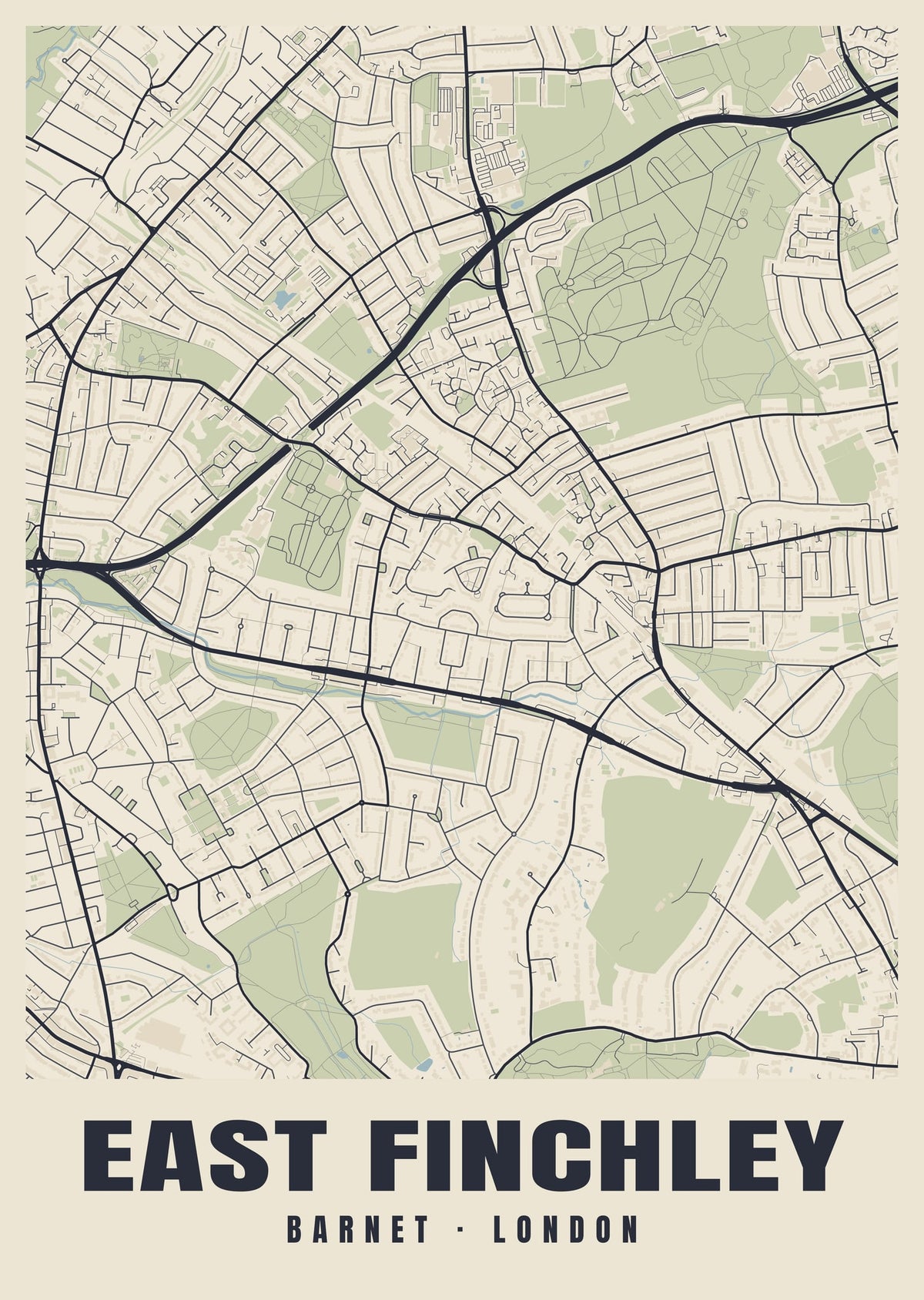 Heritage street map poster of East Finchley, Barnet, London