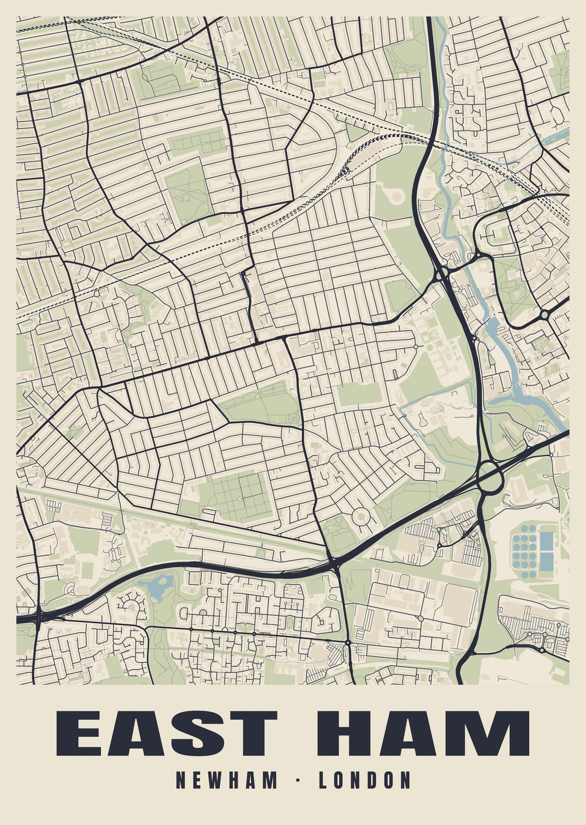 Heritage street map poster of East Ham, Newham, London