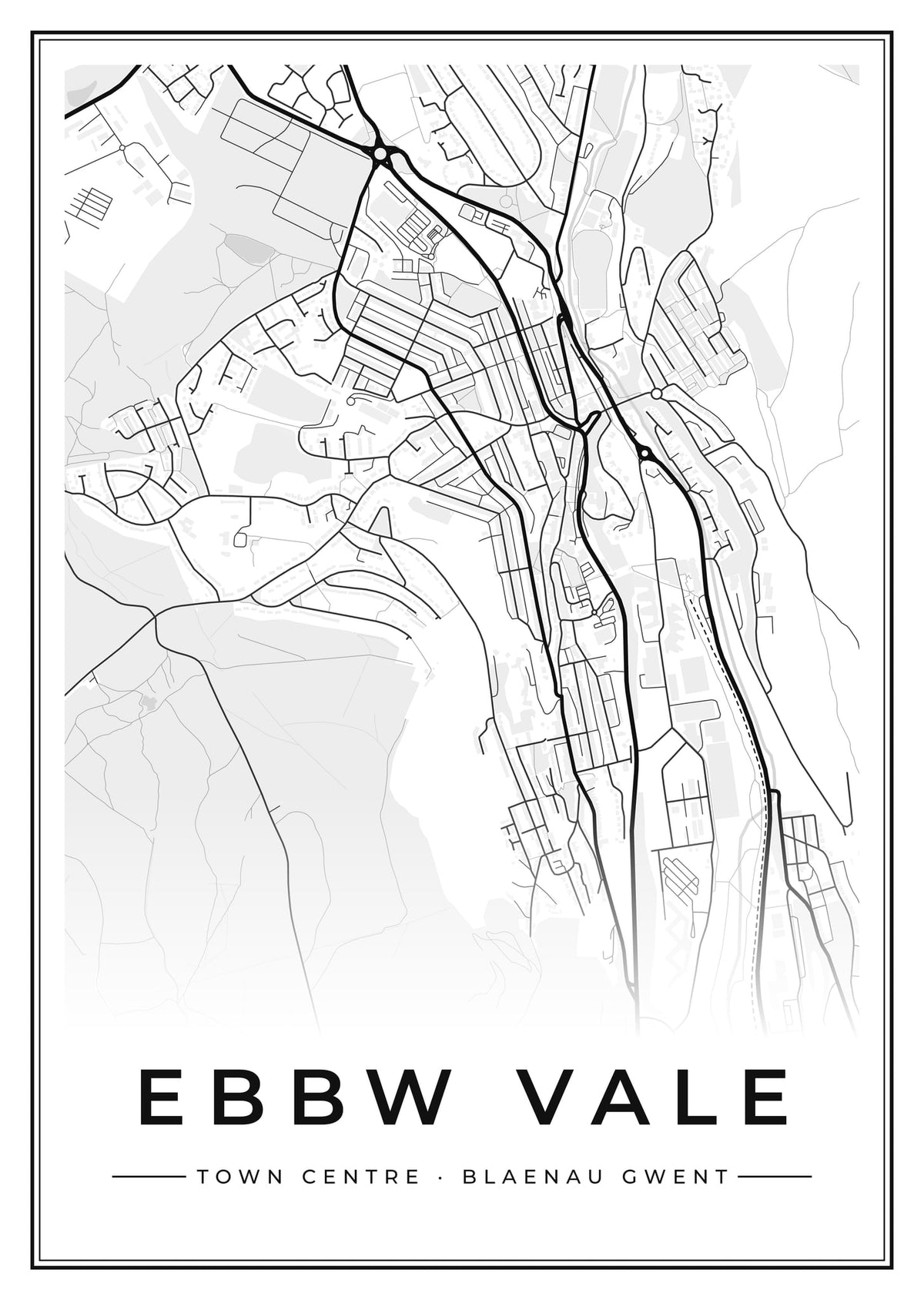 Street map poster of Ebbw Vale town centre, Blaenau Gwent