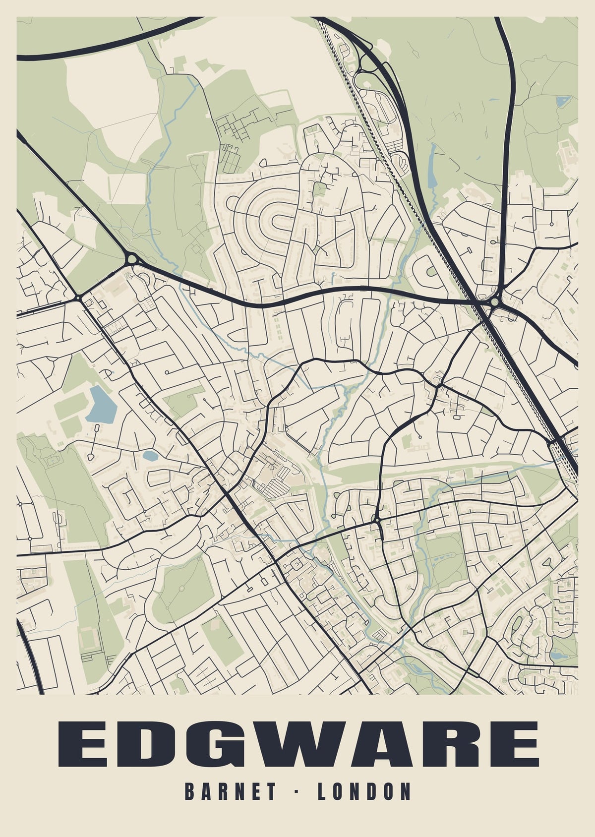 Heritage street map poster of Edgware, Barnet, London