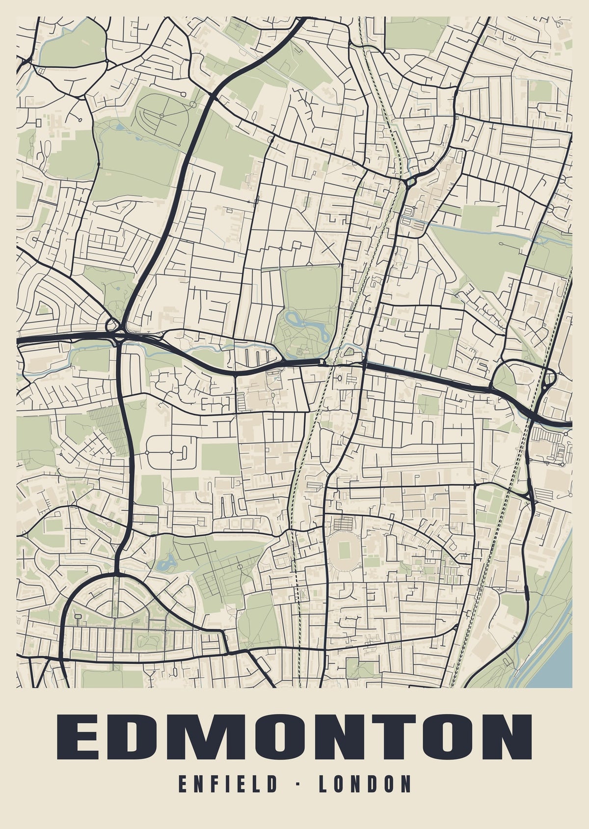 Heritage street map poster of Edmonton, Enfield, London